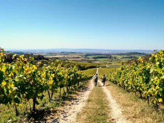 Sentier pédestre avec deux randonneurs traversant un vignoble verdoyant en Côte de Beaune, panorama sur les coteaux bourguignons