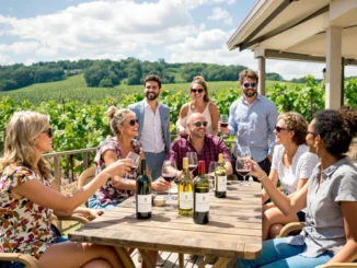 Sept personnes dégustant des vins blancs et rouges sur une terrasse avec vue sur les vignobles de Bourgogne ensoleillés