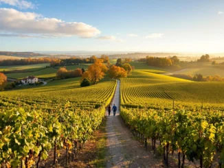 Allée bordée de vignes dorées sur la Route des Grands Crus en Bourgogne avec deux personnes marchant sous un ciel ensoleillé