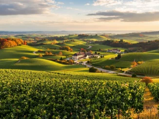 Vignobles des Climats de Bourgogne avec collines verdoyantes et bâtiments sous ciel au coucher du soleil