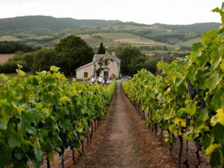 Vignoble de Bourgogne avec rangées de vignes menant à une maison au cœur des collines verdoyantes