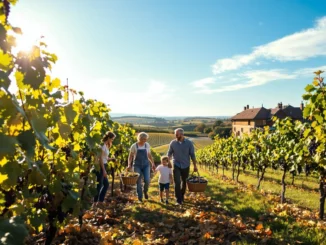 Famille marchant dans un vignoble en Bourgogne, portant des paniers de raisins sous un ciel bleu ensoleillé