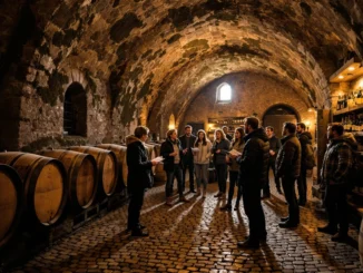 Visiteurs écoutant un guide dans une cave voûtée avec fûts de vin à Beaune, cœur de la Bourgogne viticole