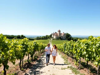 Couple marchant main dans la main parmi les vignes verdoyantes de la route des Grands Crus en Bourgogne avec un château en arrière-plan sous un ciel bleu clair